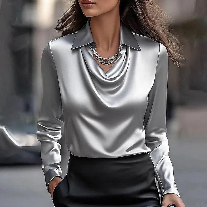 Long-sleeved satin collared top shirt